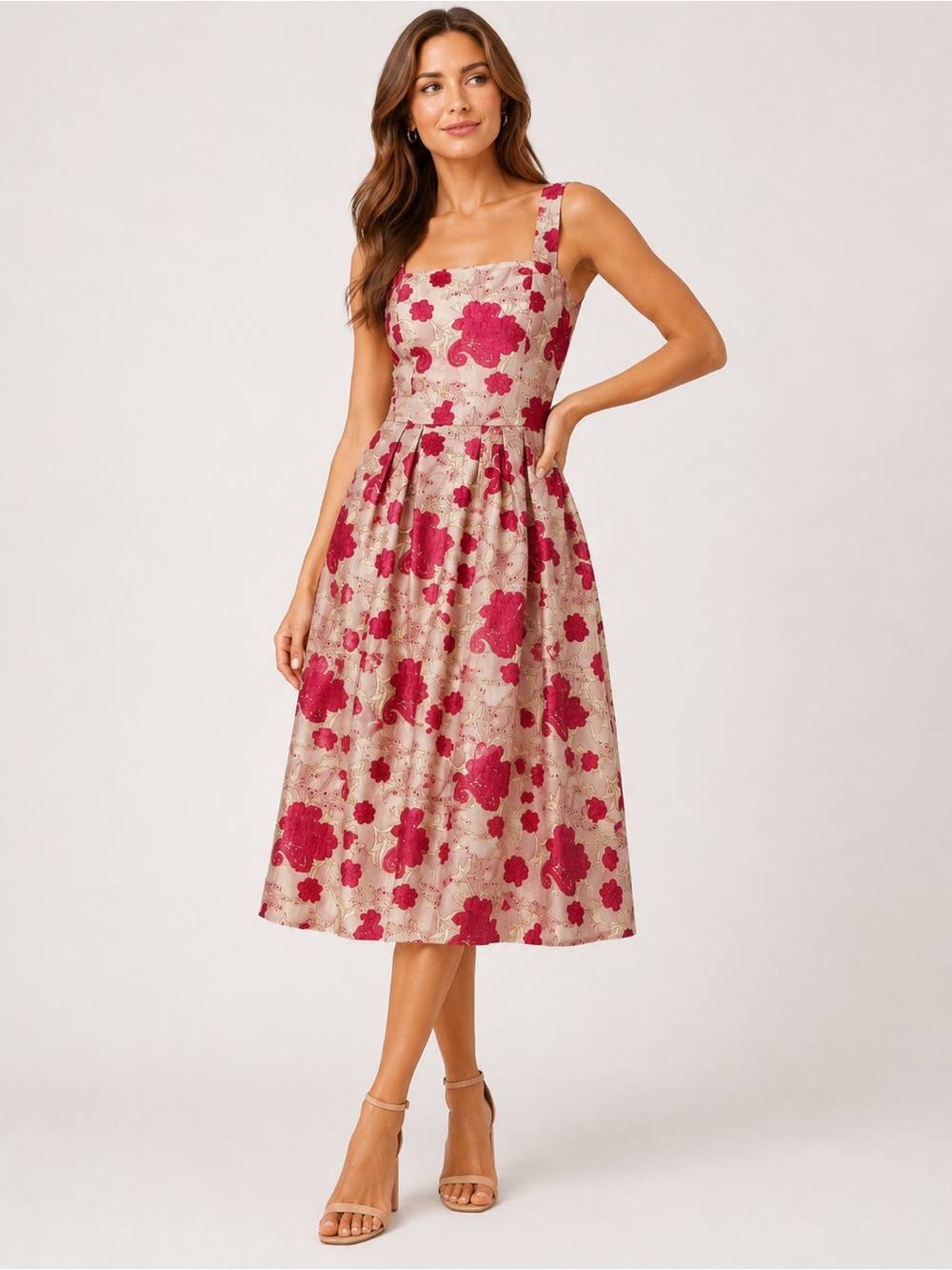 Abbey Glass Womens Midi Dress Cream Red Floral Embroidered Sleeveless Size L